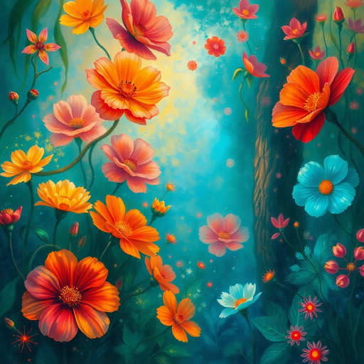 vibrant flowers, botanical art, surrealism, rich textures, Claude Monet, expressionism, ethereal glow, intricate details, vivid colors, atmospheric depth, delicate petals, dynamic composition, spring serenity, artistic elegance, garden symphony, burst of life, soft gradients, harmonious blending, natural elegance, transcendent beauty, impressionist influence, luminous atmosphere, pastel palette, fluid brushwork, dreamlike landscape, effervescent energy, organic forms, visual melody, artistic finesse, painterly nuance, emotion-laden scenes, contemplative ambiance