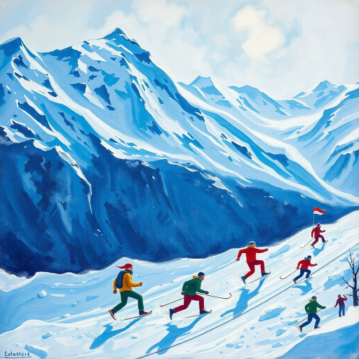 winter olympics, Adolphe Mouron Cassandre, dynamic composition, vibrant movements, cold hues, frosty blues, sparkling whites, contrasting shadows, atmospheric depth, panoramic vistas, kinetic energy, athletic prowess, cultural celebration, Olympic spirit, Art Deco influences, geometric patterns, sweeping curves, expressive lines, emotional intensity, grand scale, global unity, dramatic lighting, icy textures, timeless grandeur, elegant symmetry, inspiring competition, frozen terrains, monumental arenas, inspired by tradition, contemporary innovation, international camaraderie