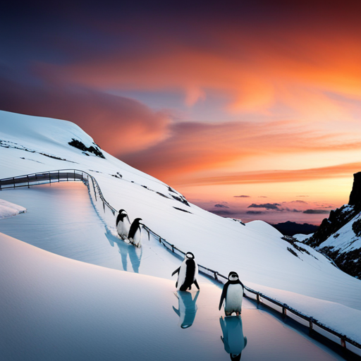 playful, waddling, winter scene, Arctic, ice slide, movement, slippery, icy water, black and white, snow, Antarctic, happy, joyful, energetic