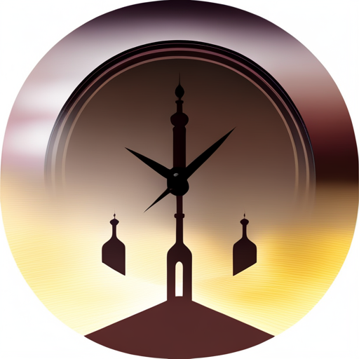 symbolic, masjid, rounded border, border shadow, clock, time, 04:10, caption, 7 minutes walking distance, location photographic