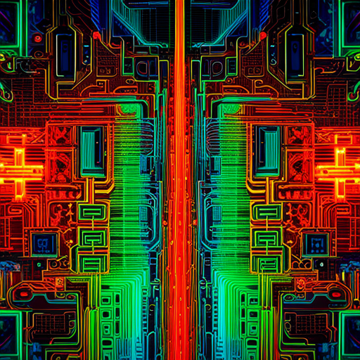 futuristic, artificial intelligence, data visualization, maximalism, neon colors, generative art, technology, complex patterns, glitch art, cyberpunk, machine learning, wires and circuits, abstract expressionism