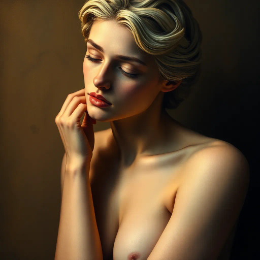 ethereal realism, captivating beauty, detailed anatomy, chiaroscuro lighting, Renaissance influences, soft textures, serene expression, human anatomy, natural curves, classical sculpture, timeless elegance, warm palette, delicate shadows, subtle highlights, profound emotion, artistic nude, intimate framing, Michelangelo inspiration, graceful posture, contemplative mood, harmonious balance, soft focus, artistic integrity, evocative atmosphere, lifelike portrait