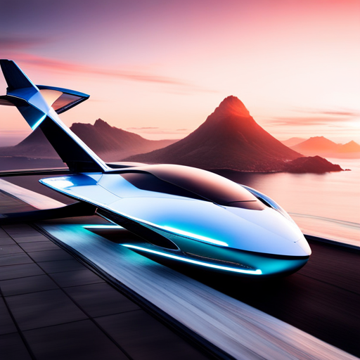 futurism, sleek design, aerodynamics, electric power, AI technology, minimalism, asymmetry, carbon fiber, holographics, levitation, dynamic movement, chrome finish, jet inspiration, transparency, modularity, speed, high-tech science fiction