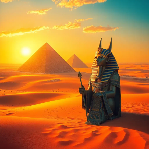 ancient Egypt, pharaoh, mystical, desert landscape, golden sands, pyramids in distance, hieroglyphics, intricate detail, vibrant hues, rich color palette, surreal lighting, magic, sphinx, sun-kissed stone, timeless, divine symbolism, echoes of history, mystical atmosphere, intricate patterns, divine geometry, cultural heritage, mythological essence, spiritual aura, timeless architecture, ancient civilization, ceremonial, ethereal glow, divine presence, artistic grandeur, desert mystique, historical reverence, legendary tales