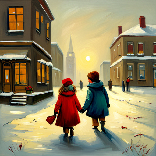 Vintage oil painting of children playing under a Christmas tree during the winter season