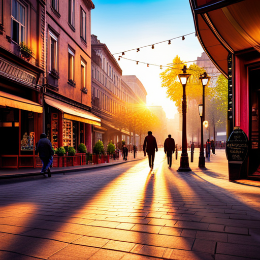 early-morning light, peaceful scenery, vibrant colors, urban landscapes, city streets, architectural elements, shadows and highlights, serenity, daily routines, sunlight filtering through trees, quaint cafes, bustling restaurants, people walking, evening ambiance, streetlights, cityscape, charming buildings