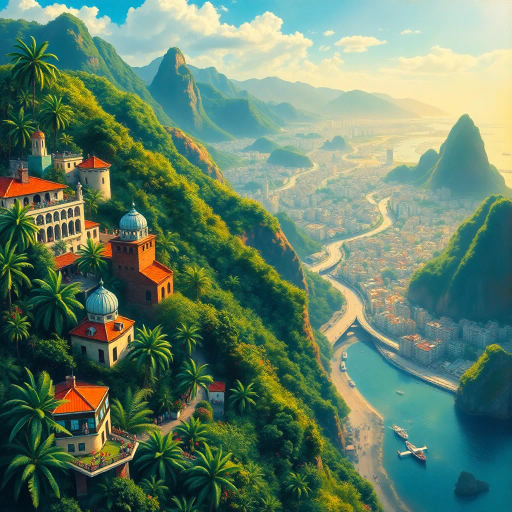 vibrant rainforest, sprawling cityscapes, Rio Carnival celebration, modernist architecture, Tarsila do Amaral, tropical paradise, lush landscapes, Samba rhythm, vivid color palettes, dynamic movement, cultural fusion, vibrant street art, warm sunlight, Copacabana beach, panoramic views, rich biodiversity, Botero-inspired figures, expressive brushstrokes, Amazon River, intricate textures, joyous atmosphere, cultural heritage, Henri Rousseau influence, energetic composition