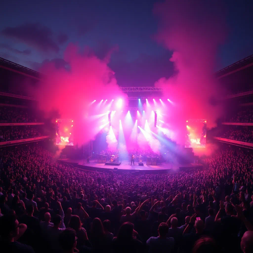 vast amphitheater, energetic crowd, vibrant stage lighting, echoes of classic rock, dynamic composition, vibrant colors, atmospheric mood, immersive perspective, evening setting, capturing live performance, emotional intensity, powerful sound waves, cultural diversity, iconic band influence, stage presence, ethereal smoke effects, high-energy engagement, layered textures, bold contrasts, sweeping camera angles, vast space, moment in time, artistic portrayal, vibrant tones