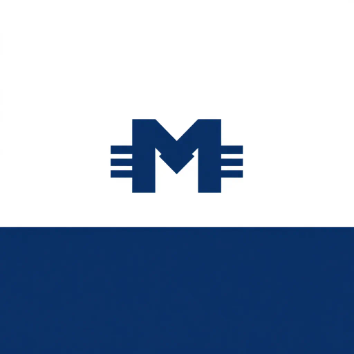 bold M logo mark, solid geometric letter, structured layers, subtle thin horizontal connector lines, indigo on white, modern minimal SaaS branding, flat vector, modernist simplicity, Bauhaus influence, clean design, minimalist aesthetics, structured composition, primary color palette, geometric precision, visual balance, negative space utilization, corporate identity, digital branding, contemporary design language, clarity in form