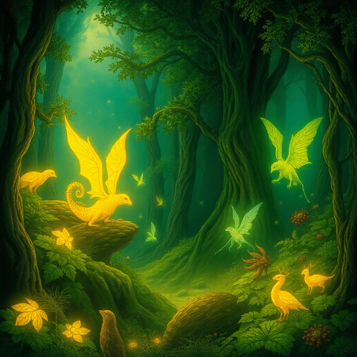 intricate, enchanted forest, ethereal glow, whimsical creatures, Arthur Rackham, Art Nouveau, dynamic lighting, magical realism, vibrant greens, golden highlights, textured foliage, fantasy landscapes, mythical ambiance, surreal composition, intricate detailing, enchanted realm, dreamlike atmosphere, mystical symbolism, rich narrative, imaginative flora and fauna, painterly brushstrokes, heightened contrast, flowing lines, immersive environment, vivid imagination