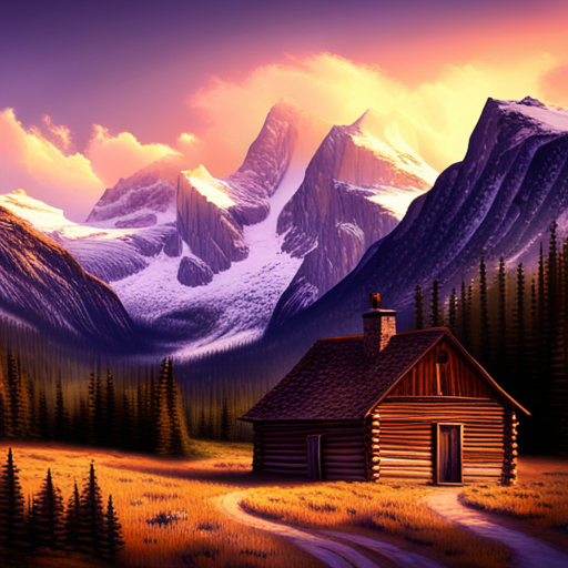 majestic, serene, landscape, peaceful, remote, solitude, cozy, rustic, wooden, cabin, mountains, nature, escape, retreat, tranquility, forest, trees, snow-capped peaks, scenic, enhance, digital art