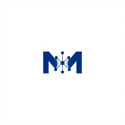 abstract letter M logo, parent node, child nodes, thin branching lines, tree hierarchy, indigo gradient, minimal vector design, white background, geometric abstraction, modernist influence, Bauhaus, clean lines, connection symbolism, hierarchical structure, conceptual design, negative space, visual balance, contemporary aesthetics