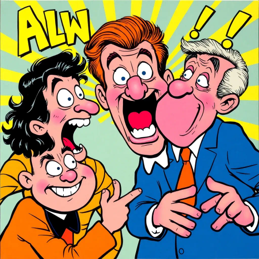 absurd humor, satirical twist, vibrant colors, exaggerated cartoonish forms, whimsical mood, slapstick comedy, Roy Lichtenstein, pop art, playful composition, dynamic movement, bold outlines, exaggerated expressions, surreal elements, cultural satire, humorous narrative, light-hearted, graphic style, parody, visual puns, expressive gestures