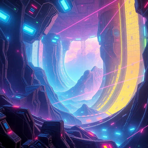 futuristic design, artificial intelligence, surreal abstraction, high-tech circuitry, vibrant neon colors, intricate details, dynamic composition, modern technology, synthetic textures, virtual reality, luminous glow, cybernetic elements, cutting-edge innovation, Alan Turing influence, hyper-realistic rendering, fluid lines, expansive space, minimalism meets complexity, conceptual exploration, interconnected networks, visual metaphor