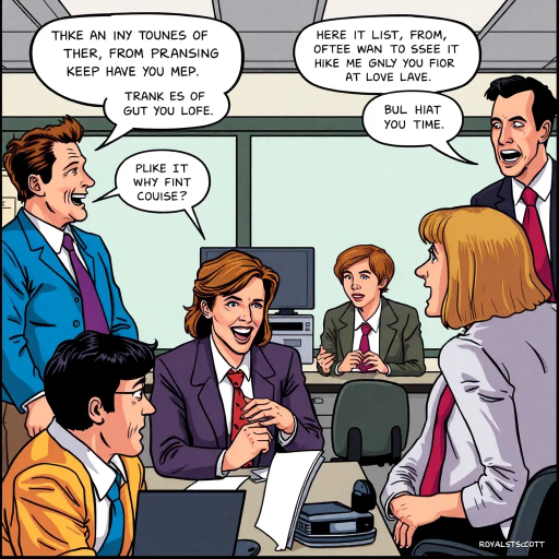 satirical workplace dynamics, humorous situations, colorful characters, Jim Halpert, Pam Beesly, mockumentary style, lively banter, office antics, playful tone, exaggerated expressions, narrative humor, corporate setting, vibrant palette, dynamic panels, exaggerated scenarios, comedic timing, slice of life, workplace comedy, Michael Scott, sitcom classic, Roy Lichtenstein influence, pop art aesthetic
