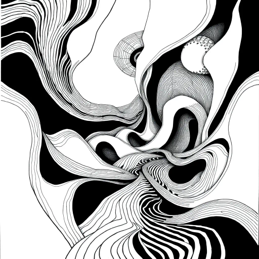 geometric shapes, intricate patterns, flowing lines, minimalist design, abstract expression, monochrome palette, dynamic movement, M.C. Escher influence, precise detailing, linear perspective, conceptual exploration, visual harmony, contour emphasis, spatial depth, contemporary influence, surreal geometry, optical illusion, mathematical artistry, avant-garde composition, abstract forms, pen and ink medium, black and white contrast, intersecting lines, detailed tessellation, fluid dynamics, rhythmic patterns, creative geometry, fine linework, subtle gradients, modern abstraction, artistic innovation, interlocking forms, infinite loops, Escherian landscapes, artistic paradox