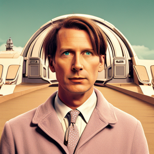 Wes Anderson, Futuristic Technology, Artificial Intelligence, Monochromatic Color Scheme, Symmetrical Composition, Retrofuturism, Medium-Shot Framing, Tracking Shots, Quirky Characters, Playful Aesthetics