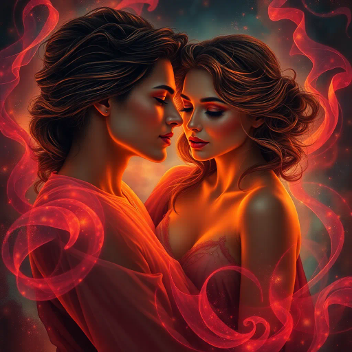 romanticism, ethereal beauty, sensuality, vibrant hues, luminous glow, chiaroscuro, Art Nouveau influences, surreal elements, delicate textures, intricate patterns, emotional depth, passionate expression, soft curves, fluid motion, intimate atmosphere, emotional resonance, provocative imagery, timeless elegance, Renaissance flair, bold contrasts