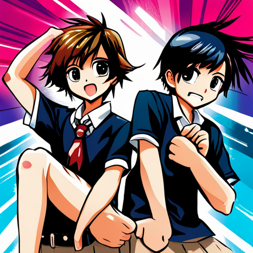 colorful, vibrant, playful, animated, manga, Japanese art, school friends, friendship, youth, dynamic composition, expressive characters, flowing hair, school uniforms, shy girl, boyish boys, contrast, emotional connection, joyful, energetic, lively, manga artist, manga style, school setting, emotive facial expressions, detailed backgrounds, iconic poses, action-packed, adventurous, fun