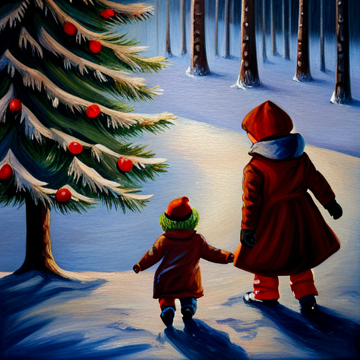 Winter, Children, Christmas Tree, Painting, Vintage, Oil on Canvas, Art, Holiday, Snow, Cozy, Nostalgia, Traditional, Landscape, Winter Scene, Festive, Warm Glow, Delicate Brushstrokes, Rich Colors, Classic Technique, Timeless, Charming, Playful, Joyful, Magical, Traditional Medium, Soft Lighting, Romantic, Detailed, Evocative, Storytelling, Innocence, Wonder, Curiosity, Memory, Anticipation