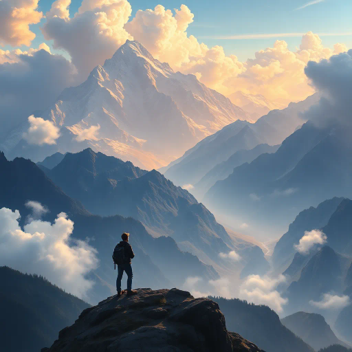 solitary figure, mountain peak, expansive vista, vast horizon, atmospheric perspective, dramatic lighting, ethereal mood, introspective journey, majestic landscape, vivid colors, intricate textures, Edward Hopper influence, surreal elements, sweeping panorama, serene solitude, dynamic clouds, sweeping narrative, emotional depth, timeless exploration, dreamlike quality, artistic symbolism, visual storytelling, scenic composition, high contrast, rich palettes, detailed rendering, heroic scale