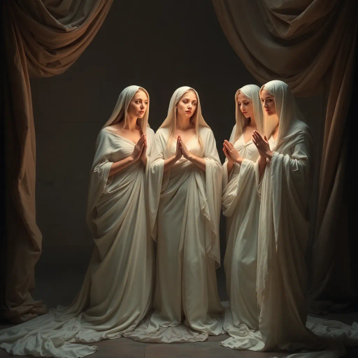 Vestal virgins, ethereal elegance, classical Roman era, Baroque influences, dramatic lighting, serene expressions, spiritual symbolism, flowing drapery, muted pastels, mystical ambiance, harmonious composition, soft textures, divine sanctuary, sacred rituals, historical narrative, renaissance inspiration, ornate detailing, ancient mythology, transcendental harmony, otherworldly grace