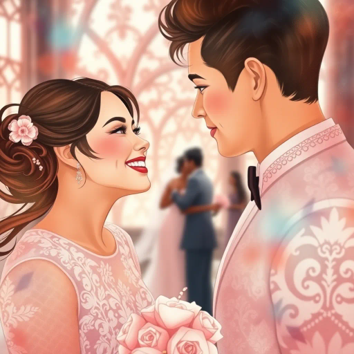 romantic celebration, elegance, modern design, Art Nouveau, soft pastels, high contrast, ethereal lighting, intricate patterns, dynamic composition, flowing lines, joyful mood, contemporary aesthetic, dreamy atmosphere, visual storytelling, cultural fusion, minimalist elegance, surreal realism, emotive imagery, timeless love, intimate moments, watercolor effects, vibrant overlays, ornate details, harmonious balance, creative expression, intricate lace, floral motifs, wedding aisle, romantic symphony