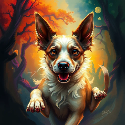 canine elegance, dynamic motion, surrealism, vibrant colors, ethereal lighting, detailed fur texture, Salvador Dali influence, whimsical expression, Baroque richness, dramatic contrast, playful energy, expressive eyes, abstract background, harmonious composition, sense of curiosity, digital brushwork, fantasy landscape, enchanted forest, impressionistic touch, mystical aura