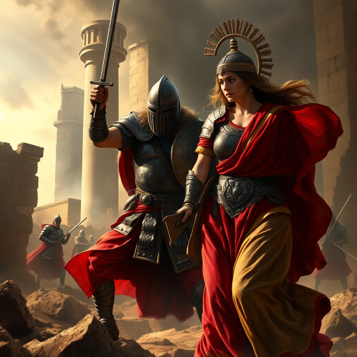 ancient Rome, Sack of Rome 410 CE, Visigothic warrior, Roman lady, dramatic tension, historical narrative, epic composition, chiaroscuro lighting, rich textures, vivid colors, romanticism, classicism, dramatic movement, cultural clash, historical saga, detailed armor, flowing Roman robes, emotional intensity, symbolic imagery, layered composition, heroic scale, classical architecture backdrop, dynamic interactions, historical realism, artistic storytelling, power and grace, clash of civilizations, evocative mood, intricate detailing, timeless conflict, artistic depth, dramatic contrast