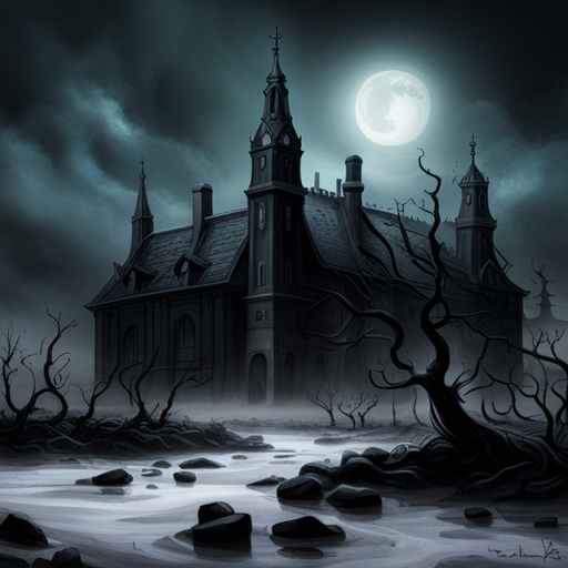 mysterious, Lovecraftian village, dark, eerie, atmospheric, horror, cosmic, ancient, eldritch, Cthulhu, gothic, tentacles, otherworldly, occult, supernatural, lurking, shadows, twisted, cursed, forgotten, arcane, nightmarish, unsettling, chilling, monstrous, macabre, foreboding, desolate, haunted