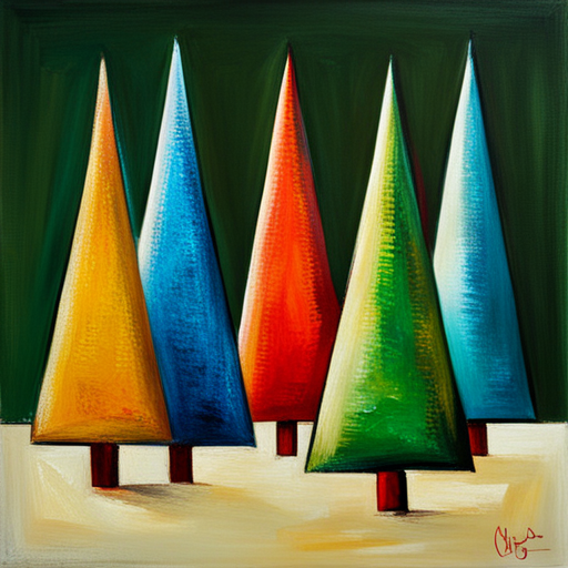 four Christmas trees, textured canvas, oil vintage