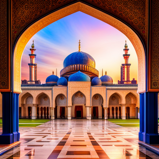 Two mosques, with a digital clock attached to each mosque, isometric view, architectural design, geometric shapes, Islamic architecture, minarets, domes, symmetry, arabesque patterns, calligraphy, marble flooring, arches, prayer halls, courtyard, spires, Islamic art, religious symbols, spiritual ambiance, golden accents, intricate details