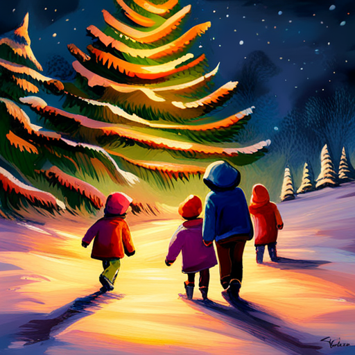 Winter Children, Christmas Tree, Painting, Snow, Joyful, Traditional, Classic, Realism, Light and Shadow, Colorful, Soft Brush Strokes, Holiday, Festive, Seasonal, Cold Weather, Celebratory, Nostalgic, Family, Childhood, Magical, Winter Wonderland, Snowflakes, Cozy, Fireplace, Presents, Sleigh, Horses, Winter Clothing, Excitement, Happiness, Innocence, Traditional Art, Wintertime, Festivities