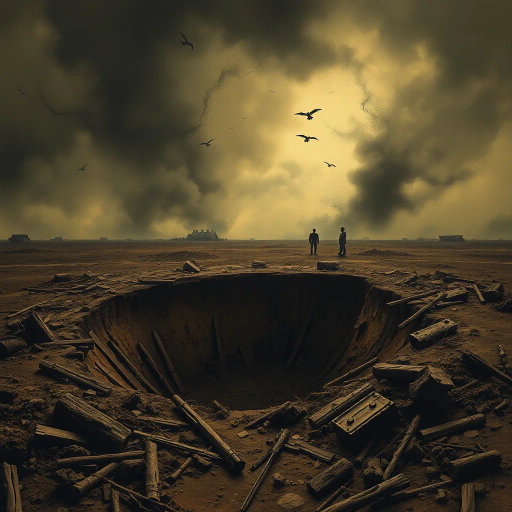 World War I, battlefield, shell hole, destruction, historical conflict, realism, Henri Rousseau, chiaroscuro lighting, somber mood, earth tones, dramatic perspective, craters, landscape, war-torn terrain, textured soil, immersive depth, metaphoric emptiness, poignant silence, layered composition, impressionist influences, reflective atmosphere, muted colors, raw textures, turbulent history, emotive impact, tension, ruins, nature reclaiming, symbolic void, desaturated hues, visual storytelling