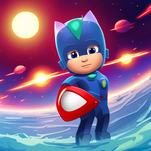 pjmasks, saving the planet, superheroes, action, adventure, colorful, dynamic, vibrant, children's show, animated, brave, teamwork, masks, costumes, heroic, powers, villains, justice, mission, mission control, daytime, cityscape, skyline