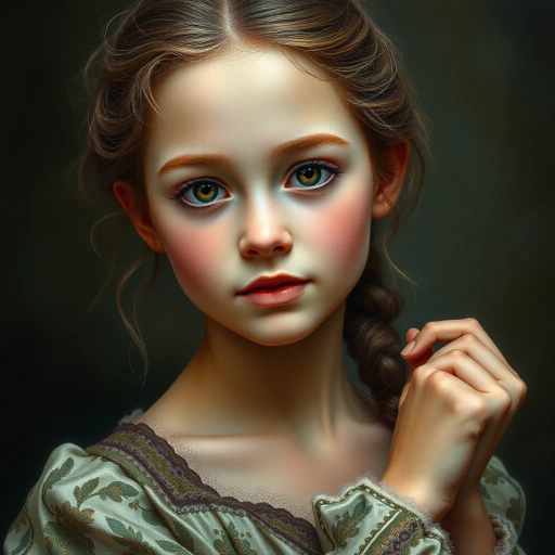 adorable young woman, full body portrayal, hyperrealism, vibrant colors, ethereal glow, Johannes Vermeer influence, soft lighting, intricate textures, Renaissance-inspired, delicate features, whimsical charm, detailed fabric patterns, natural pose, gentle expression, subtle movement, enchanting aura, serene ambiance, emotional depth, visual harmony, fine brushwork, atmospheric perspective, artistic elegance