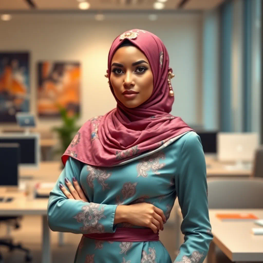 Arab woman, elegant hijab, professional setting, modern workplace, high heels, Middle Eastern culture, contemporary art, intricate patterns, vibrant colors, soft lighting, dynamic pose, cultural expression, delicate fabrics, office environment, confident demeanor, sophisticated fashion, grace and poise, diverse representation, cultural fusion, empowerment, modernism, Impressionism influences, human form, balance and harmony, Henri Matisse, modern elegance, intricate textile patterns, vibrant aesthetic, global influence, artistic expression, dignity and strength, atmospheric composition, elegant lines, harmonious palette, seamless integration, modern artistry