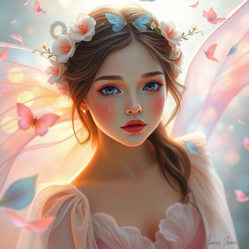 innocent young maiden, charming elegance, ethereal glow, inspired by Yoshitaka Amano, whimsical fantasy, serene ambiance, soft pastel hues, delicate brushwork, intricate lace textures, dreamlike scene, luminous lighting, gentle perspective, emotional warmth, magical atmosphere, fairy tale influences, graceful pose, art nouveau curves, enchanting forest backdrop, mythical creatures, serene expression