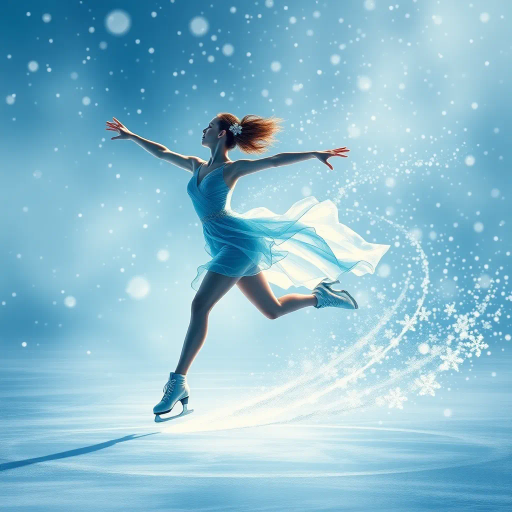 graceful figure skater, gliding across icy surface, winter chill, olympic spirit, dynamic movement, serene concentration, elegant pose, flowing ice, misty breath, ethereal lighting, dramatic shadows, crystalline textures, contemporary style, precision artistry, inspired by Degas and Mucha, soft blue and white palette, delicate balance, rhythmic motion, emotional resonance, global unity, panoramic perspective, intricately detailed, harmonious composition, captivating grace, spirit of competition
