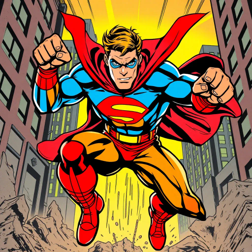 dynamic superhero figure, bold line work, vibrant colors, energetic composition, 20th-century Americana, iconic poses, heroic expression, action-packed, Jack Kirby influences, dramatic lighting, exaggerated proportions, urban backdrop, mid-century modern, pop art elements, narrative storytelling, sequential art techniques, powerful movement, cultural symbolism, graphic novel style, primary color palette