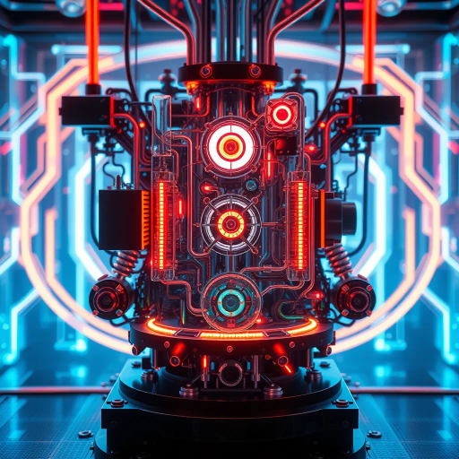 intricate mechanisms, futuristic technology, Nikola Tesla influence, steampunk elements, glowing circuits, vibrant neon colors, dynamic composition, ethereal lighting, cyberpunk aesthetics, sleek designs, innovative concepts, oscillating lights, intricate patterns, metallic textures, kinetic energy, surreal ambiance, convergence of art and science, high-tech allure, spatial awareness, avant-garde exploration