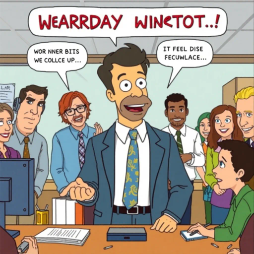 satirical humor, everyday life, workplace dynamics, vibrant colors, exaggerated expressions, quirky characters, Michael Scott, camera angles, documentary style, playful tone, American culture, ensemble cast, office environment, comedic timing, mockumentary feel, panel layout, speech bubbles, visual storytelling, relatable scenarios, improvisational flair, modern setting, emotional undertones, character development, symbolic objects