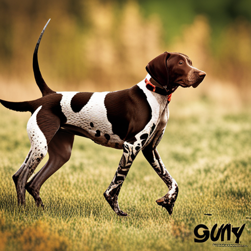 German Shorthair Pointer, Hunting Dogs, nature, outdoor photography, animal behavior, point, prey drive, breeds, wild game, bird hunting, scent, tracking, camouflaged, agility, trained, field trial, energetic, athletic, muscular, intelligent, sporting dogs, gundogs, pointers, hunting equipment, action shots, hunting techniques, wildlife, hunting season, hunting gear, hunting scenery, stamina, speed, majestic, natural reserve, golden hour light, deep brown coat, rule of thirds, movement, defocused background, green tones, yellow tones, visible texture, ears, spot markings, high level of detail, essence of the breed