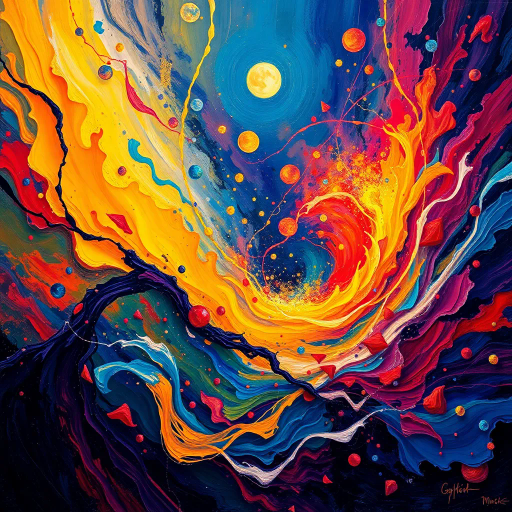 vibrant life, dynamic energy, fleeting moments, intricate detail, vibrant colors, depth of field, symbolic rebirth, impressionist influences, chiaroscuro lighting, Van Gogh, abstract composition, textured brushstrokes, organic shapes, kaleidoscope of emotions, ethereal realism, harmonious balance, interconnectedness, fluid movement, birth of a star, cosmic play, existential reflection, narrative depth, cultural tapestry, universal themes, emotional resonance, surreal elements, Escher-like abstraction, spiral motifs, evolving patterns, symphony of nature, ephemeral beauty