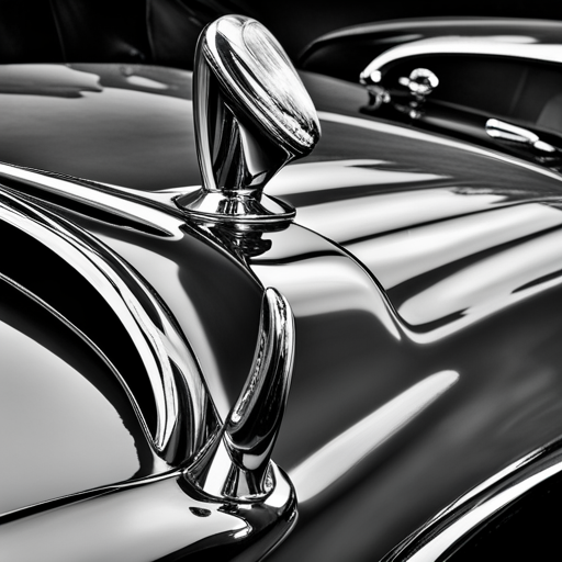 Vintage automobiles, chrome trim, sleek curves, antique engines, American classics, muscle cars, automotive design, mid-century style, black and white photography, car culture, nostalgia, speed and power, shiny surfaces