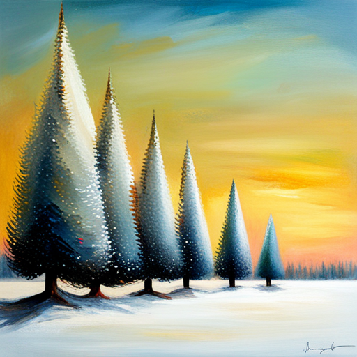 four Christmas tree, white background, textured canvas, oil vintage