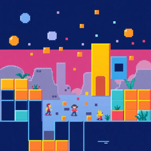 vibrant pixels, retro gaming aesthetics, 1980s nostalgia, limited color palette, chiptune spirit, simplistic charm, grid-based design, nostalgic atmosphere, 8-bit art, colorful blocks, playful composition, pixelated characters, dynamic scenes, low resolution texture, video game influence, digital simplicity, gaming culture, interactive charm, square dimensions, nostalgic storytelling