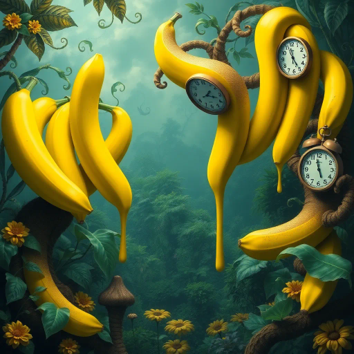 surreal bananas, vivid colors, Salvador Dali influence, dreamlike atmosphere, whimsical shapes, intricate details, organic textures, glowing highlights, ethereal lighting, imaginative arrangement, vibrant yellows and greens, playful mood, flowing curves, artistic symbolism, fantastical nature, otherworldly scene, dynamic perspective, fluid lines, imaginative presentation