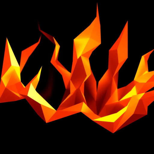 faceted flames, geometric blaze, minimalist fire, vibrant orange hues, angular shapes, polygonal textures, modern abstraction, dynamic composition, visual simplicity, sharp edges, contemporary design, light refraction, bold color contrast, clean lines, modular elements, warm glow, artistic innovation, structural form, digital craftsmanship, essence of heat