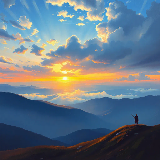 solitary figure, mountain peak, expansive vista, vast horizon, atmospheric perspective, dramatic lighting, ethereal mood, introspective journey, majestic landscape, vivid colors, intricate textures, Edward Hopper influence, surreal elements, sweeping panorama, serene solitude, dynamic clouds, sweeping narrative, emotional depth, timeless exploration, dreamlike quality, artistic symbolism, visual storytelling, scenic composition, high contrast, rich palettes, detailed rendering, heroic scale